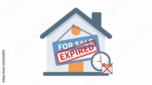 Obraz na plátně Expired real estate listing concept vector illustration with a house, for sale sign, red expired stamp, clock, and calendar