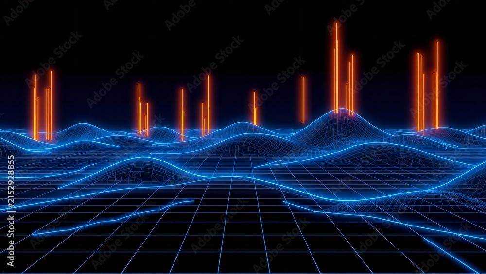 Naklejka premium Abstract digital landscape with glowing blue waves and orange vertical bars on a dark grid background