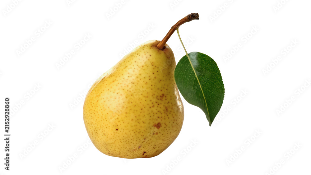 Obraz premium Single ripe yellow pear with fresh green leaf sweet juicy autumn fruit isolated on transparent background