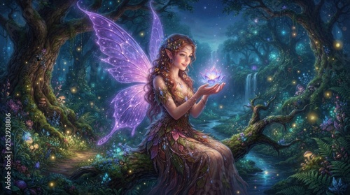 Elegant Fairy Holding a Small Blue Light in a Dreamlike Enchanted Woodland
