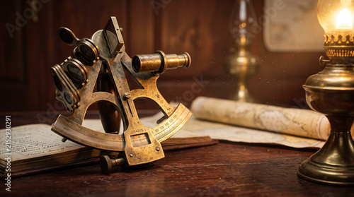 Antique brass sextant resting on a wooden desk with a map and oil lamp