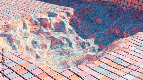Abstract Wavy Iridescent Ceramic Tile Background with 3D Holographic Distorted Grid Surface Pattern