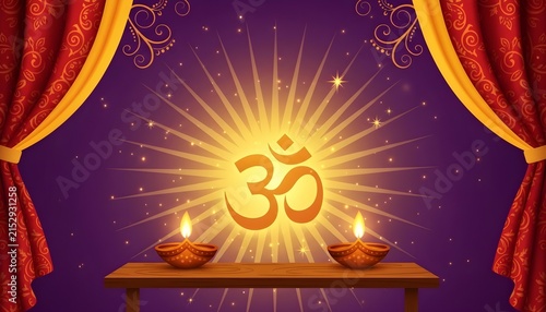 Glowing sacred symbol with traditional oil lamps framed by elegant red curtains for festive celebration with spiritual symbol radiating against purple backdrop