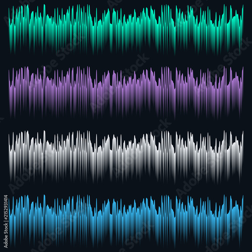 Four rows of colorful abstract sound waveforms with gradient effects on dark background