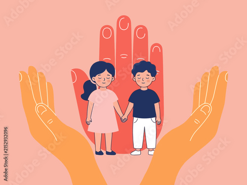 Obraz na plátne Child protection and safety illustration with children and caring hands