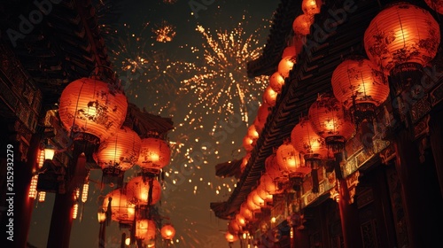 Festive Chinese lanterns glowing against a backdrop of colorful night sky fireworks during a grand celebration.