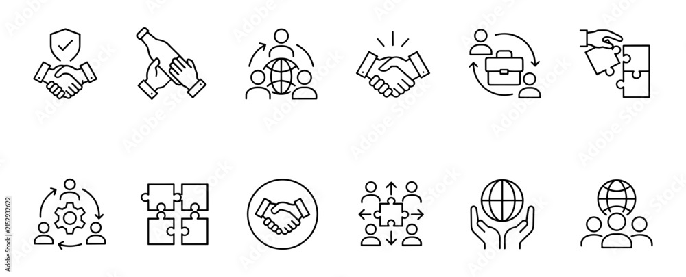 Fototapeta premium Business Partnership Icons: A collection of line icons illustrating key business concepts like teamwork, global connection, handshake, deal, and collaboration.