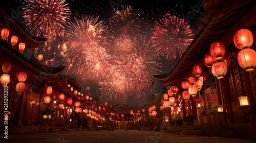 vibrant fireworks illuminate the night sky over a traditional asian temple during a festive celebration.