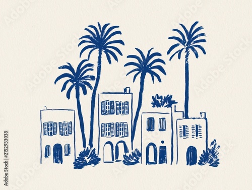 Hand drawn illustration of mediterranean coastal houses with palm trees in blue ink style