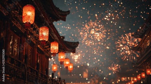 Night festival with red lanterns and fireworks.