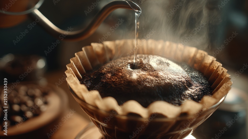 Fototapeta premium Pour over coffee brewing process with steaming grounds.