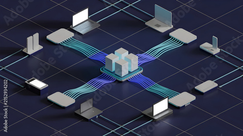 Obraz w ramie Central server unit with blue cable connections for data network.