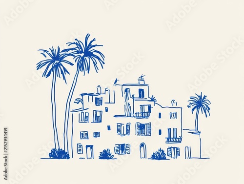 Minimalist handdrawn sketch of a mediterranean villa with palm trees