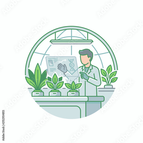 Scientist examining plants in modern greenhouse laboratory.