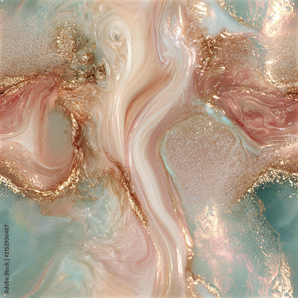 Fototapeta premium Seamless luminous pastel marble pattern featuring flowing rose gold and teal with elegant glittering texture