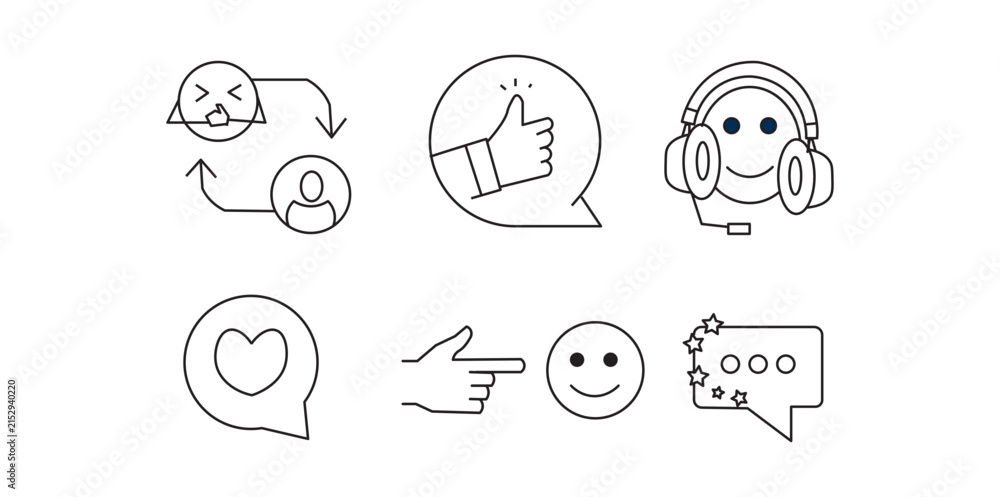 Fototapeta premium Customer Service and Review Icons, Call Center Support, Heart Speech Bubble, and Emoji Line Art Collection.