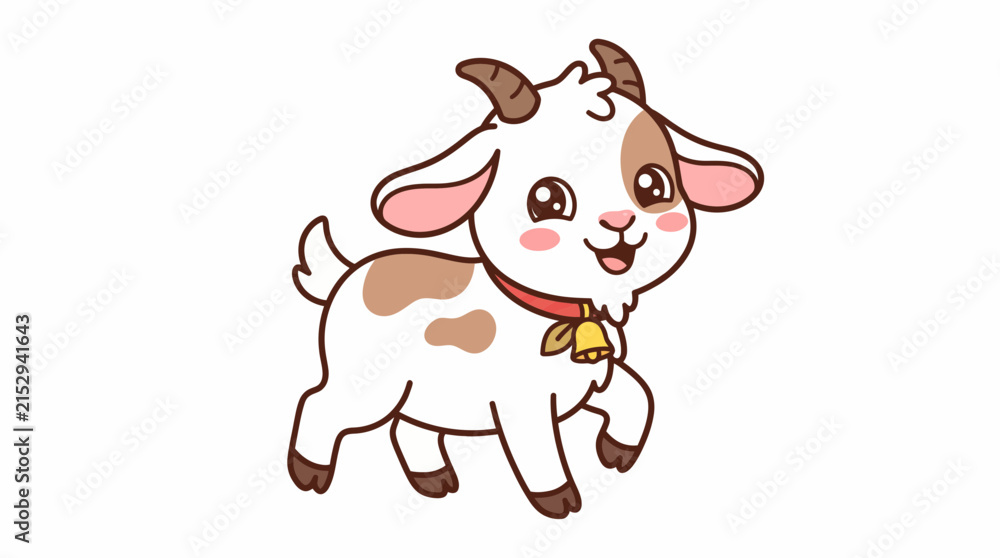 Fototapeta premium Cute cartoon baby goat kid walking with bell illustration domestic character