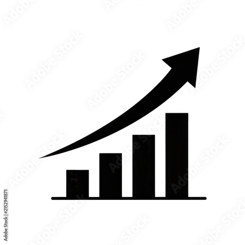 Black rising bar graph icon with upward arrow isolated on transparent background