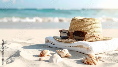 Straw hat with sunglasses and seashells rests on a sandy beach near the ocean.