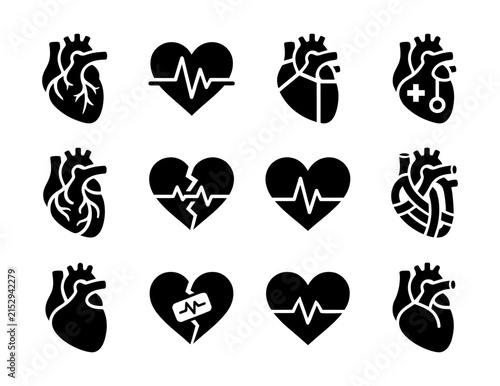 Heart Health Cardiology And Heartbeat Silhouette Icon Collection