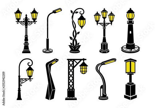 Decorative Street Lamp And Outdoor Lighting Silhouette Icon Collection