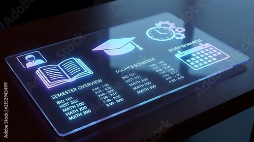 Glass tablet displaying holographic university semester overview and schedule.