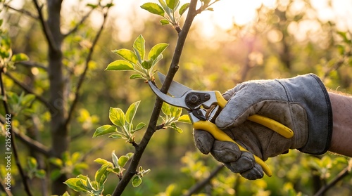 A gloved hand uses yellow secateurs to prune a tree branch in a blooming spring orchard during golden hour.