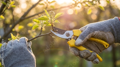 A gloved hand uses yellow secateurs to prune a tree branch in a blooming spring orchard during golden hour.