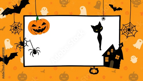Halloween frame featuring a pumpkin cat bats and spiders on an orange background