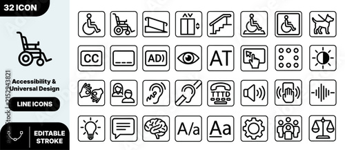 Accessibility and universal design icon set for inclusive digital and physical spaces