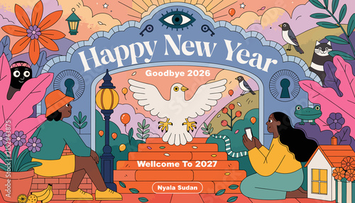Happy New Year 2027: Dove of Peace, Celebration, New Beginnings, Diversity, Festive Illustration