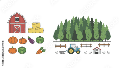 Farm landscape elements including a red barn, pumpkins, vegetables, a tractor, chickens, and a dense evergreen forest.