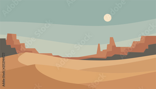 Serene desert landscape at dusk featuring sandy dunes and distant rocky mountain silhouettes under a pale sky.
