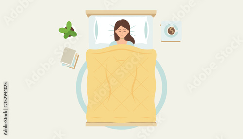 Peaceful woman sleeping soundly in a cozy bed with a yellow blanket viewed from an overhead perspective in her bedroom.