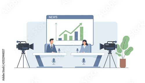 Television news studio setup with two anchors sitting at desks in front of a large screen showing financial growth graphs.