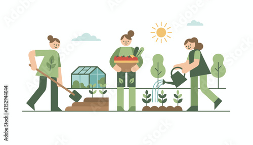 Diverse group of women working together in a community garden planting seedlings and watering various vegetables.