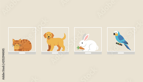 Collection of adorable pet portraits featuring a tabby cat, golden retriever dog, white rabbit, and blue parrot.