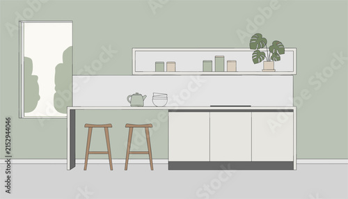 Modern minimalist kitchen interior with clean white surfaces, wooden bar stools, and a lush green potted plant.