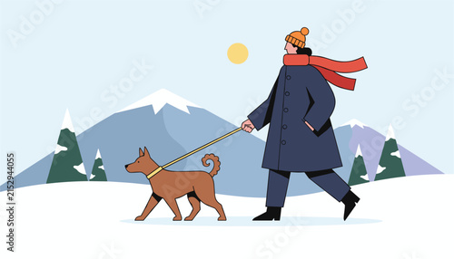 Person wearing a winter coat and scarf walking their dog through a snowy mountain landscape on a sunny day.