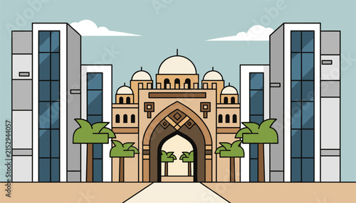 Grand islamic architectural building with multiple domes and arches situated between two modern glass skyscrapers.