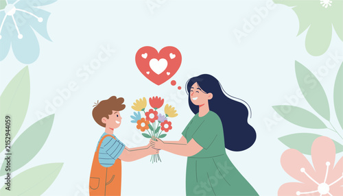 Young boy presenting a beautiful bouquet of colorful flowers to his mother against a soft blue floral background.
