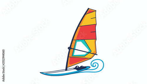 Single windsurfing board with a bright red and yellow sail gliding over ocean waves on a plain white background.