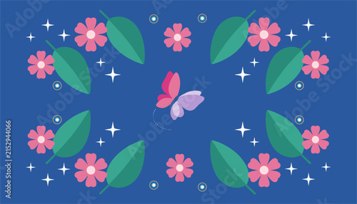 Enchanting decorative pattern of pink flowers green leaves and a butterfly with glowing stars on a blue background.