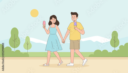 Happy young couple holding hands and eating ice cream cones while walking together in a beautiful sunny city park in summer.