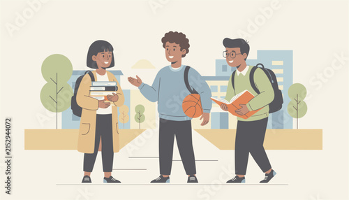 Group of diverse university students talking together on campus with one student holding a basketball and books.