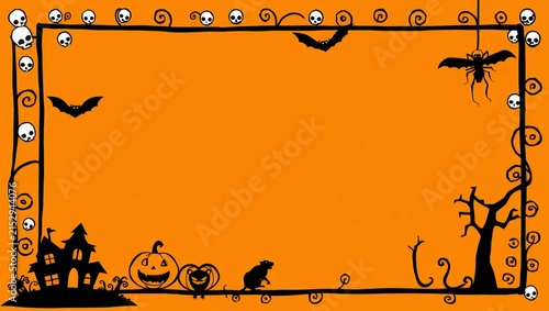 Halloween frame border with pumpkins skulls bats and haunted house on orange background