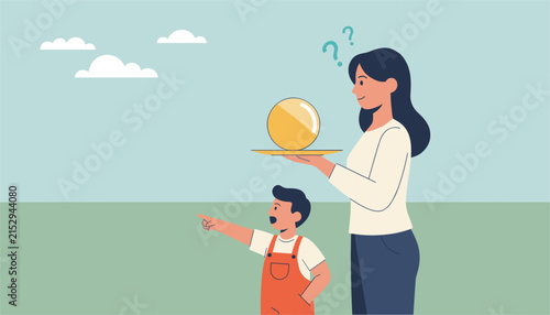Mysterious woman holding a golden crystal ball while a young boy points towards an unknown object in the distance.