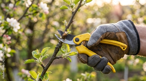 A gloved hand uses yellow secateurs to prune a tree branch in a blooming spring orchard during golden hour.