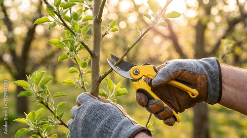 A gloved hand uses yellow secateurs to prune a tree branch in a blooming spring orchard during golden hour.