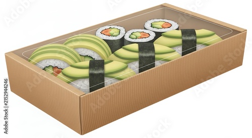 Sushi assortment in a cardboard container isolated on white background